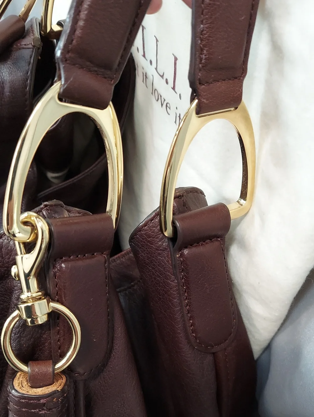 G.I.L.I. Leather Bag, Brown, Gold Stirrup Hardware, Double Handle, Tassel